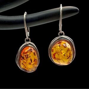Sterling and Cognac Amber Drop Dangle Pierced Earrings.